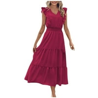 Ljetne haljine za žene bez rukava bez rukava srednje dužine A-line V-izrez haljina vruća ružičasta xl