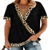 PLNOTME ženski V izrez kratki rukav na vrhu seksi leopard omotaju boje blok labave ležerne modne majice