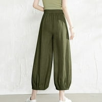 Borniu Capris za žene, Ležerne prilike ispisa elastične loze hlače, ravne široke nogu pantalone sa džepom,