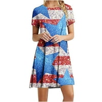 Američka zastava Odštampana haljina za kratku rukavu za žene Ljetne O vratne haljine sa džepom 4. srpnja