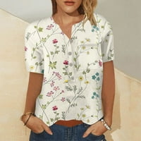 Qcmgmg Žene Dressing Tops Rukeve V izrez Ležerne majice za žene Trendi cvjetni labavi FIT ljetni bluze